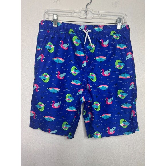 Lands' End Boys XL Swim Trunks Deep Sea Multi Sharks Navy Blue 14-16H Drawstring - Picture 1 of 11